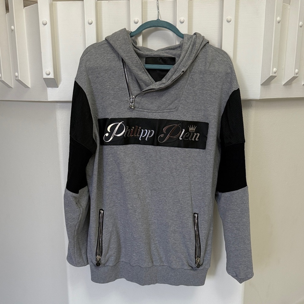 Philipp Plein Gray and Black Zip-Up Sweater